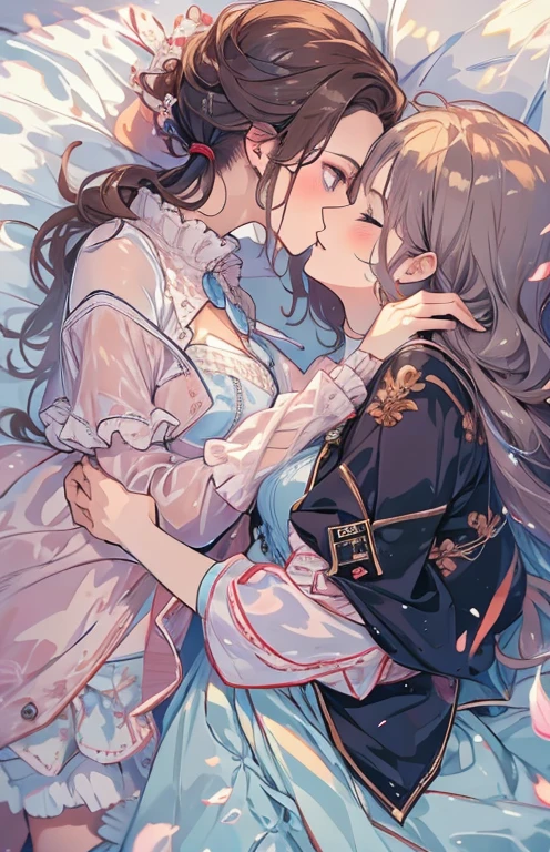 ((highest quality)), ((masterpiece)), (Get used to it), Perfect Face , Couple , 1 male , 1 female , On the bed , kiss , Embrace each other ,