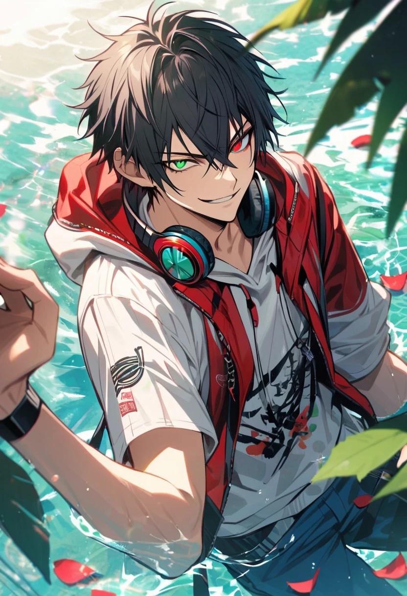 Ultra detailed, Highres, absurdres, Yamada Ichiro, black hair, heterochromia, right green eye, left red eye, red jacket, white hoodie, Hypnosis Mic, Red headphones around his neck, green leaves, summer, petals, water, handsome, smirk, 1 man, blue pants,