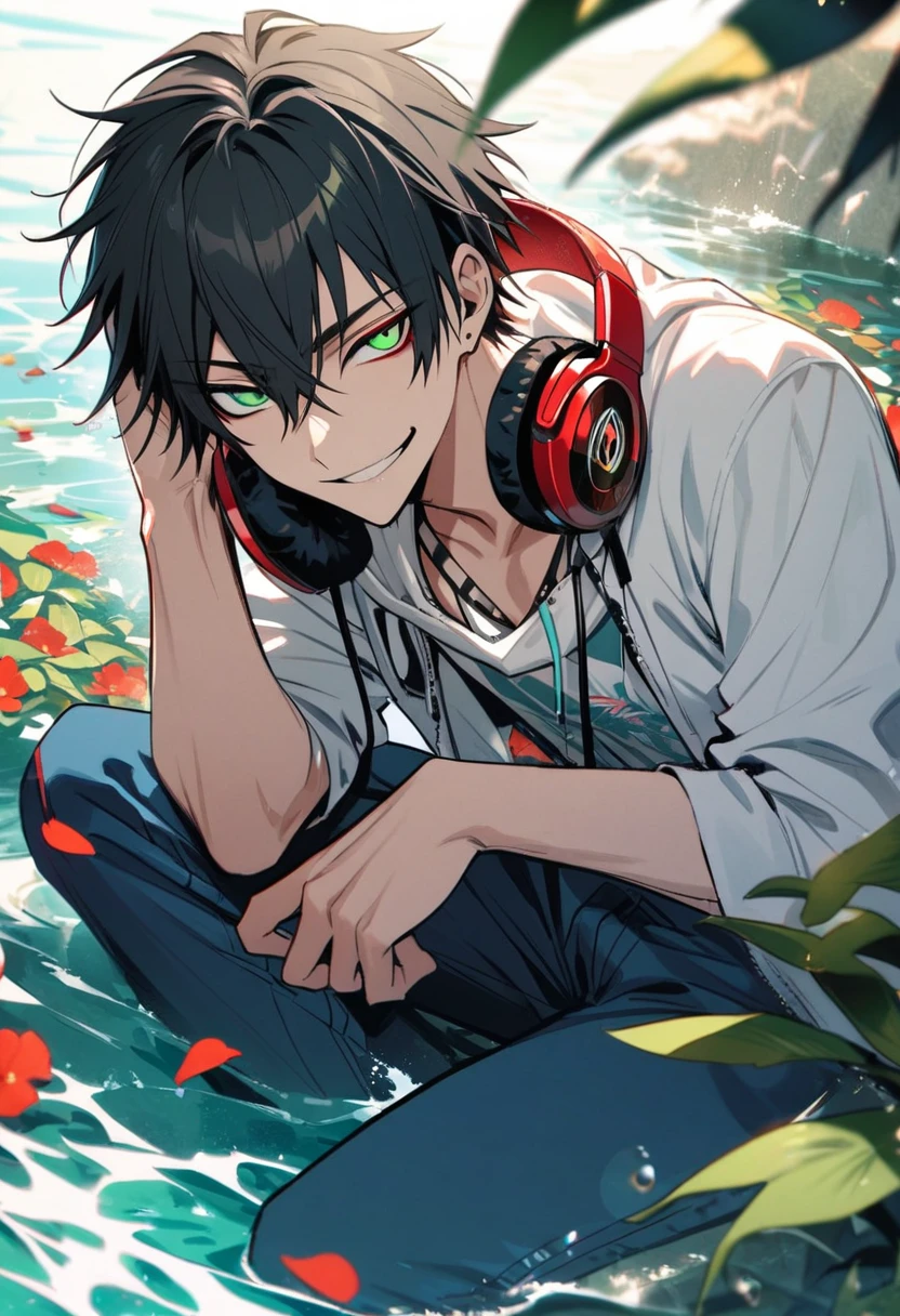 Ultra detailed, Highres, absurdres, Yamada Ichiro, black hair, heterochromia, right green eye, left red eye, red jacket, white hoodie, Hypnosis Mic, Red headphones around his neck, green leaves, summer, petals, water, handsome, smirk, 1 man, blue pants,
