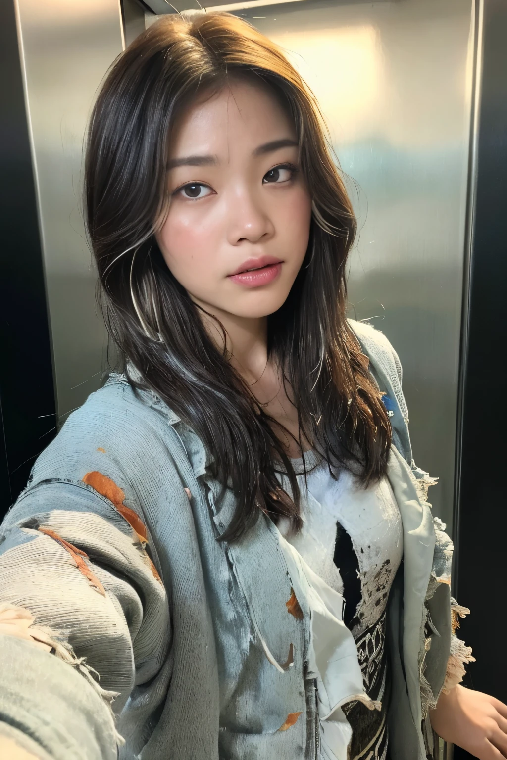 ((Fantasma in the Elevator: 1.3, Best quality, high resolution: 1.3)), One figure, A ghostly apparition: 1.2, (Long, disheveled hair: 1.2), (Haunting eyes: 1.3), Elevator doors opening, reveal dimly lit interior, (Transparent, wet fabric: 1.2 from fantasy world), (Detailed facial and skin texture: 1.5), (Slightly opened mouth: 1.2), (Holding a lantern: 1.1), (Sideways glancing at the viewer: 1.4), (Old, tattered clothes: