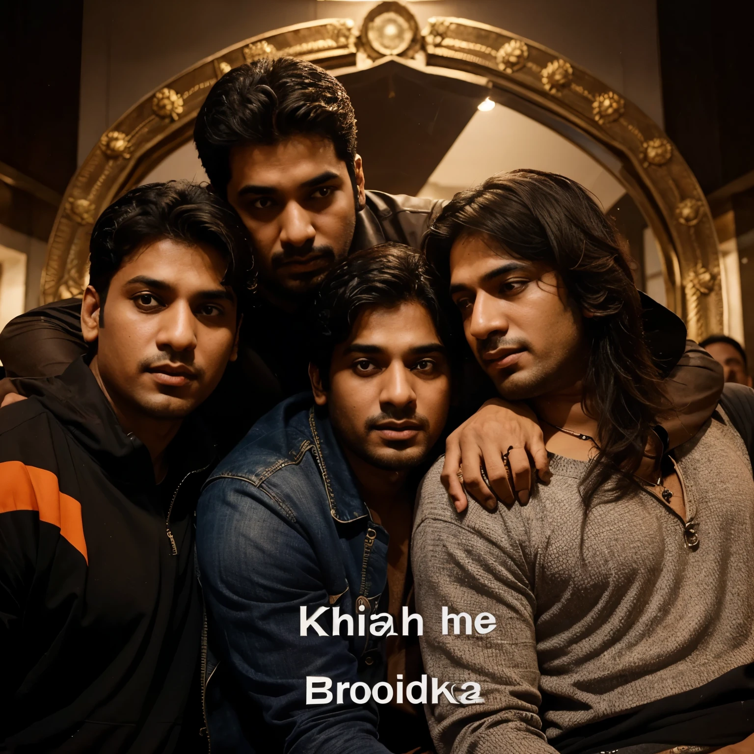 please make a image in which there is 5 friends and in top right corner of the image write the name of lyrics-vishal sharma and in the bottom of the image write brother hood 
