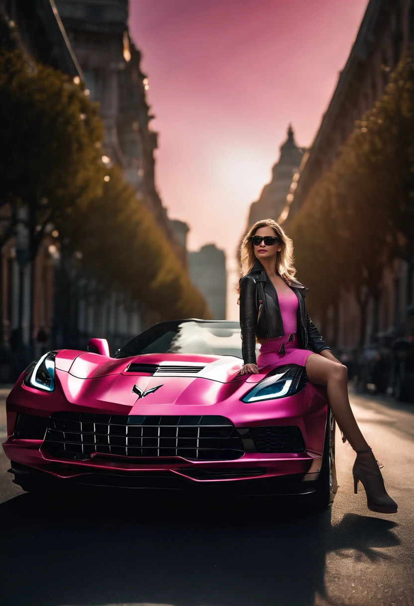 (best quality,4k,8k,highres,masterpiece:1.2),ultra-detailed,(realistic,photorealistic,photo-realistic:1.37),A girl in a garden,pink corvette,superhero outfit,vibrant colors,beautiful detailed eyes,beautiful detailed lips,shiny metallic body of the corvette,heroic pose,flying hair,leather jacket,stylish sunglasses,powerful stance,city skyline background,dynamic perspective,ray of sunlight,reflection on the corvette,elongated shadows,muscular physique,confident expression,enhanced strength,powerful aura,super speed,moving clouds,pink glow surrounding the superhero.