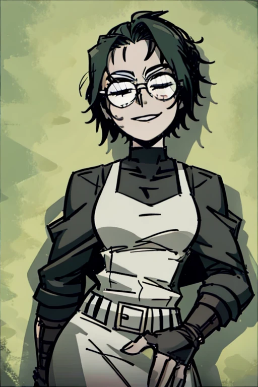 Mujer, sola, pelo verde oscuro, pelo corto, fondo simple, sonrisa, lentes, fuerte