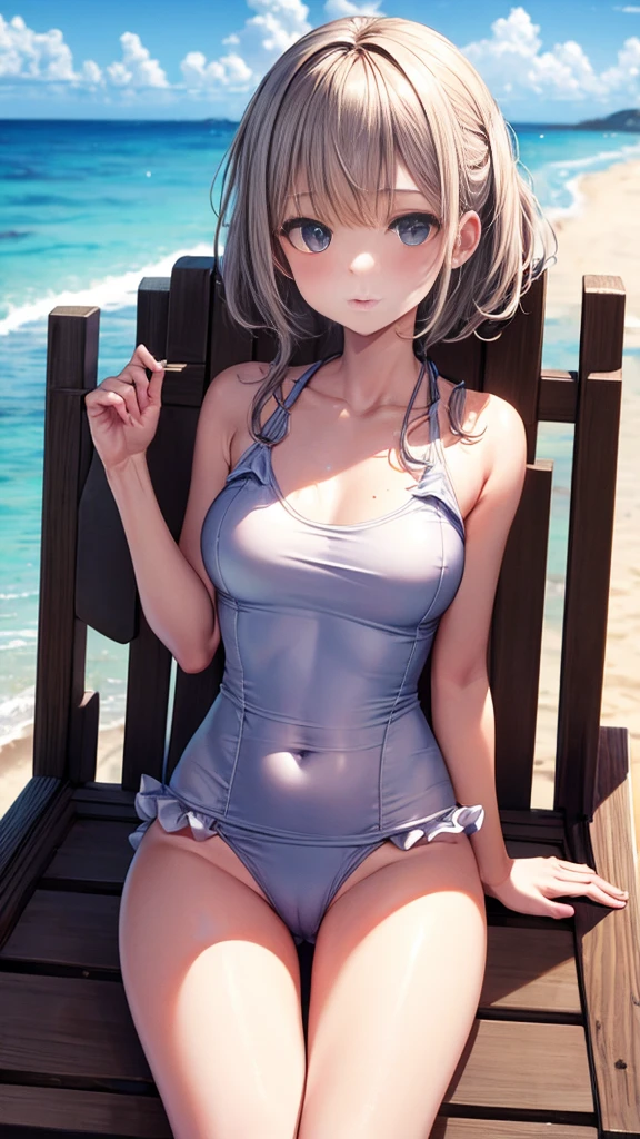 UHD, retina, masterpiece, ccurate, anatomically correct, textured skin, super detail, high details, high quality, award winning, best quality, highres, 1080P, HD, 4K, 8k, 16k、blue sea、Wide sky、Deep sandy beach、Cute Girls、(Pure white frill swimsuit:1.2)、Sunburn mark、Lay a sheet on the beach、Resting on the seat、Pussy Line:0.36、Fingertips on chest or groin,Very small、(Slender beautiful girl:1.5)