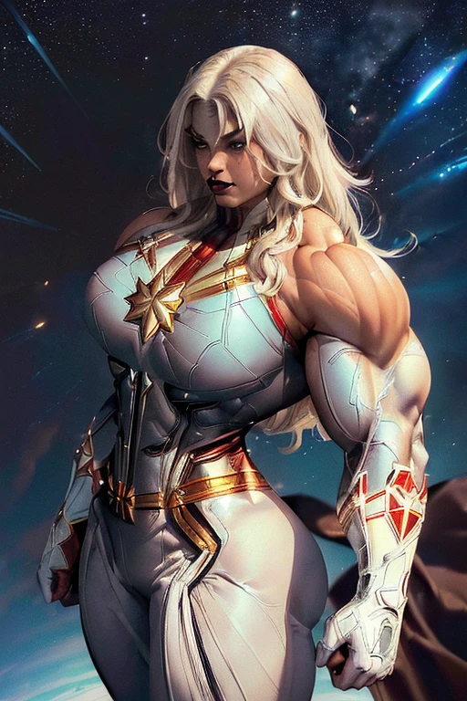 ((((Massive, beautiful, buff, light brown skinned muscular woman with white hair, black lipstick, ginormous bulky muscles, flying and wearing a white captain marvel suit with pants)))), close view, (massive muscle), (massive biceps), ((long straight  hair)), blue eyes, hero gloves, spiked gauntlets, hero boots, in the void of space, confident smile,