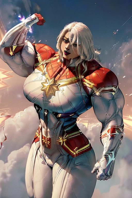 ((((Massive, beautiful, buff, light brown skinned muscular woman with white hair, black lipstick, ginormous bulky muscles, flying and wearing a white captain marvel suit with pants)))), close view, (massive muscle), (massive biceps), ((long straight hair)), blue eyes, hero gloves, spiked gauntlets, hero boots, in the void of space, confident smile,