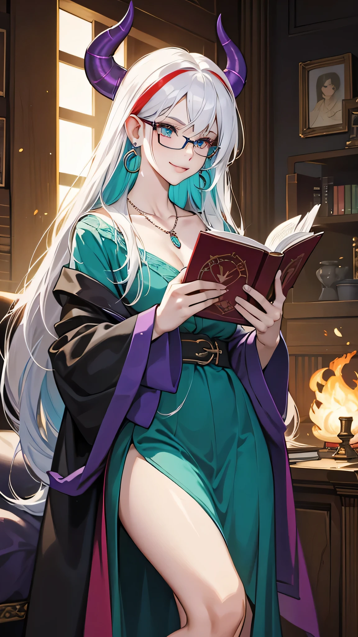 8k, masterpiece, best quality, highly detailed, 1girl, tiefling,  solo, multicolored hair, long straight hair green highlight hair on white hair, strippled hair, wearing glasses, earrings, necklace, mole, glamorous, purple and teal clothing, ragged clothes, villainy, smirk, close ups view, rings, demon horn, altar, reading books, glowing red book, fiery