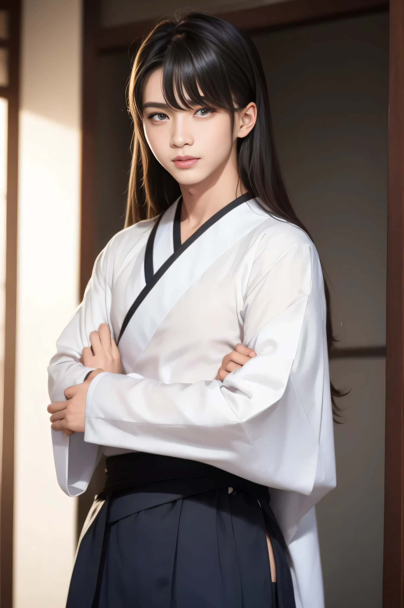 one person、solo、Facing the viewer head-on、Whole body shot、indoor、tatami、dojo、Woman dressed as a man、Good looking woman、Butch、long hair、Black Hair、Black hair、Tie your hair together、Iris、Thin lips、Neutral face、20-year-old、Wearing haori and hakama、Kimono、sword on waist、Arms crossed、4k、（Masterpiece）、（（Detailed））