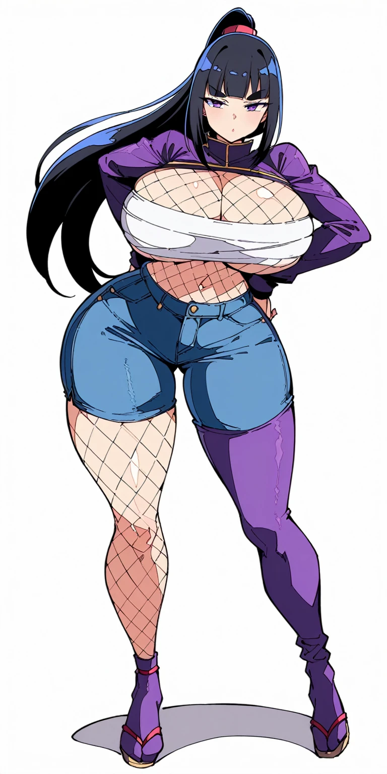 masterpiece, bestquality, ultra-detailed,
middle ages, medieval times, Medieval European fantasy,
flat design, ligne claire, (photorealistic:1.5),
cinematic lighting, depth of field,
(1girl, fullbody, looking at viewer, front view:1.5),
(very long high ponytail, Long hair ponytail that touches your feet, japanese, thick eyebrows, Navy purple ninja uniform, sarashi, fundoshi, ninja mask, Fishnet tights, Fishnet body tights, black hair, Yamato Nadeshiko girl, bangs bangs, Cool beauty girl, angry eyes, Cold eyes, Half open eyes, half-closed eyes, Tight Mouth, wide mouth:1.3),
(gigantic saggy breasts:1.3), Clothes that are completely stuck to the chest, impossible clothes, Impossible clothing with perfectly shaped extremely gigantic puffy nipples, pawg, (thin thighs:1.7), thick calf, (slender body:1.6), thin waist, milf, mature woman, puffy lip, lewd body,
standing contrapposto pose, spread legs, Hands on hips,
(Wear warm clothes, tight-fitting fishnets body tights, tight-fitting Fishnet Knee socks, hot pants, very low rise hot pants, Denim pants, jeans pants, Navy purple pants:1.5),
high waist T-back, low rise hot pants, Whale tail, low rise T-back, hot pants, highleg panties, high leg panties g-strings , high leg panties thong, Bikini g-strings, bikini thong,
SFW Clothing,
(white background:1.4),