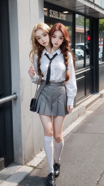 best resolution, 2 heads, Australian model girl two heads, 19 years old, youthful, wearing a white shirt and black skirt posing for a picture, teenage female , wearing skirt and high socks, wearing , , white shirt and grey skirt, cute , wearing a , of a  posing, girl wearing uniform, knee high socks, school girl, dressed magical school student uniform, braided hair, blonde hair, red hair, black hair, different hair colors, full body shot