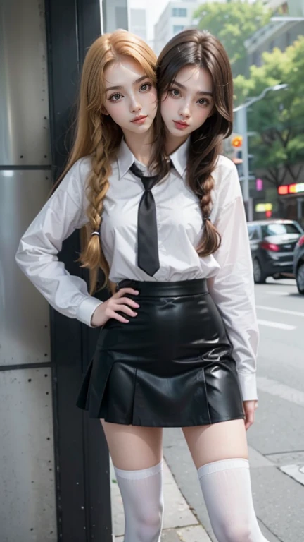 realistic, high resolution, 1 woman, butt up, beautiful eyes, gray hair, long hair, round eyes, collar shirt, belly button visible, black tie, black skirt, city street, Short skirts that show panties, dressed like a student
