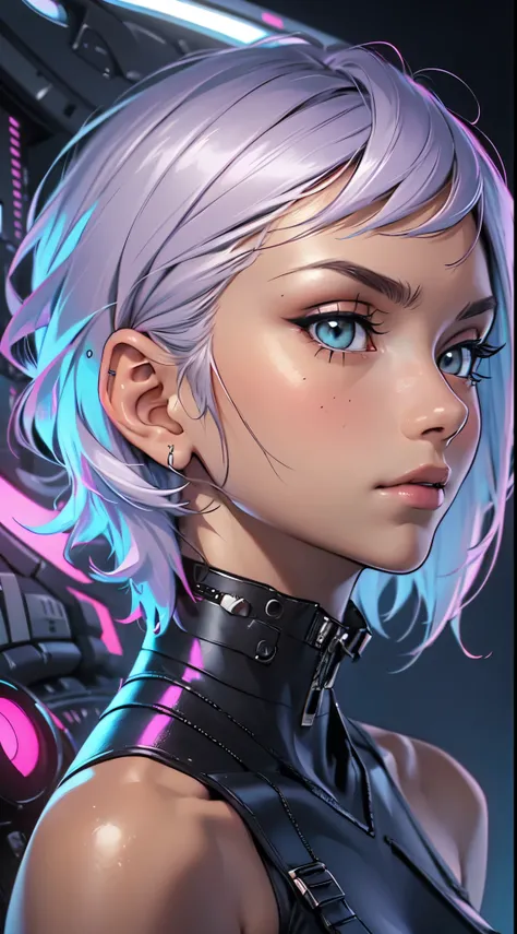 a close up of a woman with a very short hair, digital art inspired by eve ryder, trending on cg society, afrofuturism, cyborg - ...