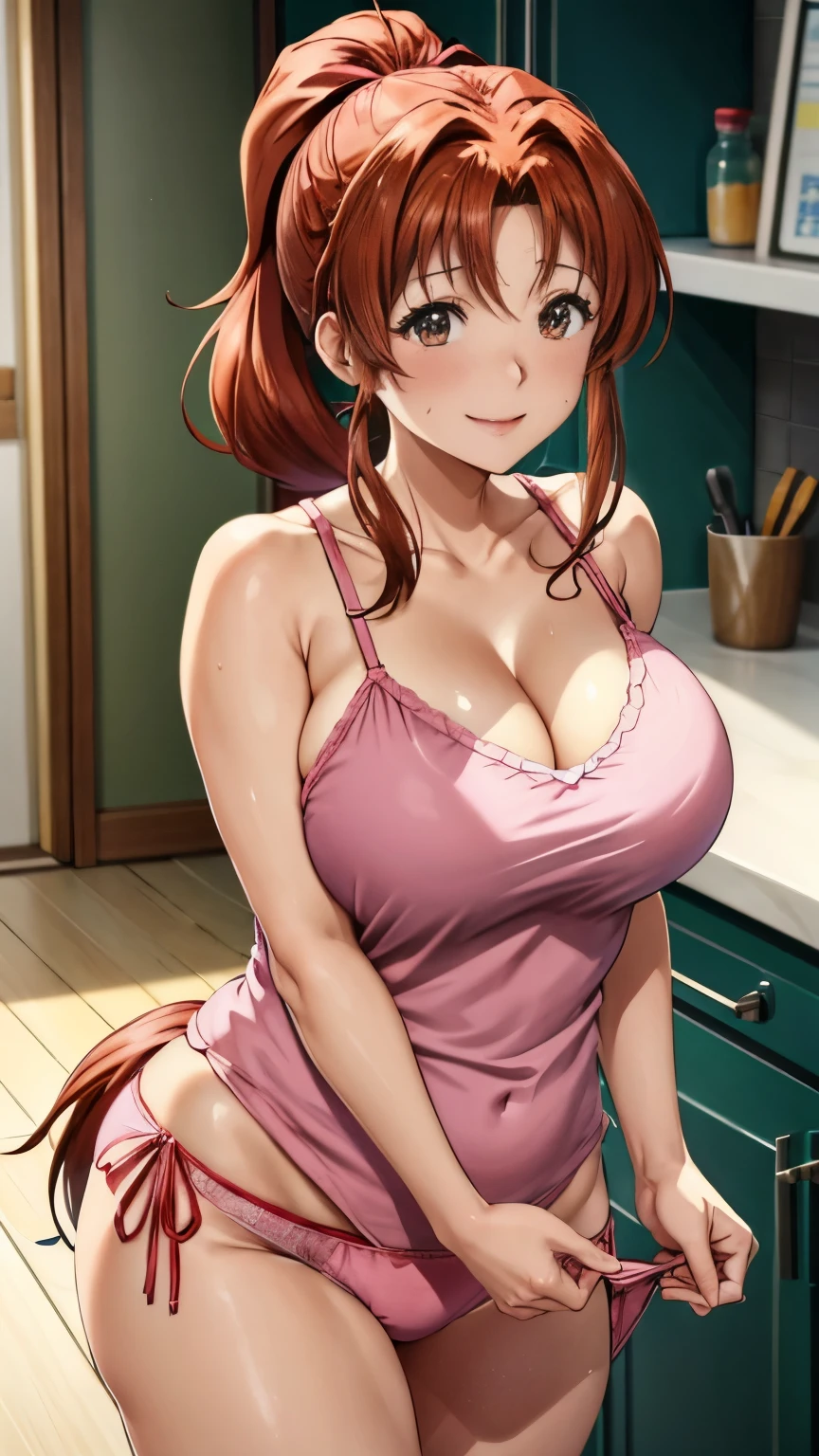 anime、woman、40歳woman、Mother of one 、Parent and 、Big Breasts、Cleavage、Red cheeks、Uplifting、Adult、sexy、ponytail、Light pink babydoll camisole、Panties、No bra、Sweating profusely、Staring at the audience、Engage your audience、Embarrassing、smile、kitchen、kitchen