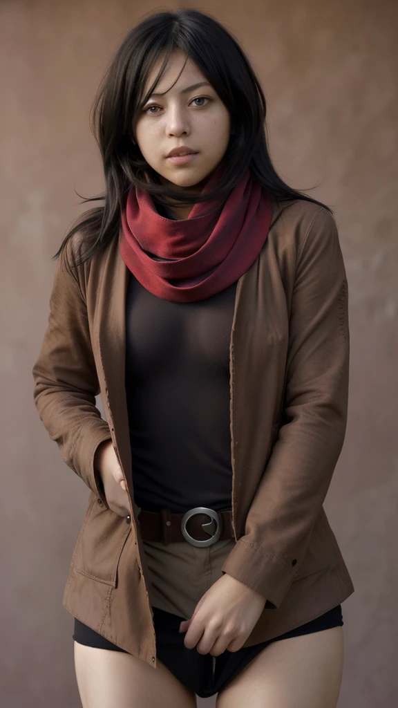 HMMIKASA, CABELLO CORTO, OJOS NEGROS, BUFANDA, EMBLEMA, belt, CORREA PARA EL MUSLO, RED SCARF, Brown jacket, MANGAS LARGAS, Desnuda