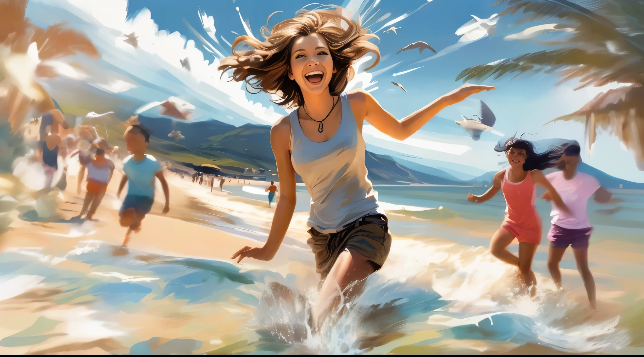 cuadro de una mujer corriendo por la playa con sus amigos, rads and lois van baarle, rads!!!, Rob Rey, expressing joy. por krenz cushart, corriendo libremente, rads!, hermosa obra de arte digital, inspired por rhads, preciosa pintura digital, hermosa pintura digital, por rhads, a beautiful art illustration, rads watercolor