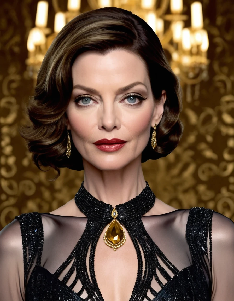 24 yo 1woman, [Anne Hathaway:Michelle Pfeiffer:0.52] as Selina Kyle, exudes beauty with her radiant, smooth skin. Her strong, serious demeanor and confident stance convey an air of convincing allure. insanely detailed Lavish Elegant and Luxurious Jewelry background. This captivating portrait is rendered in 4k high-resolution, ensuring every detail is displayed in the best quality. The illustration showcases Selina's determined expression, captivating the viewer's attention with its intricately detailed features.
