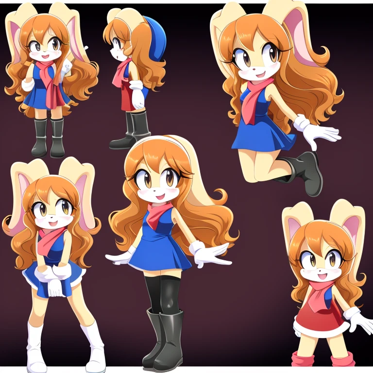 Female, Mobian, Rabbit, Cream the Rabbit, sonic the hedgehog \(series\), rabbit girl, ((solo)), ((1girl)), ((hairstyles, long wavy hair with curtain side bangs, similar to Maria)), brown eyes, young adult, average sized breasts, hair on top of shoulders, long peach hair color that’s is wavy, wearing a blue anime styled scarf, wearing a red one piece, knee length tights, black boots, white gloves, many expressions