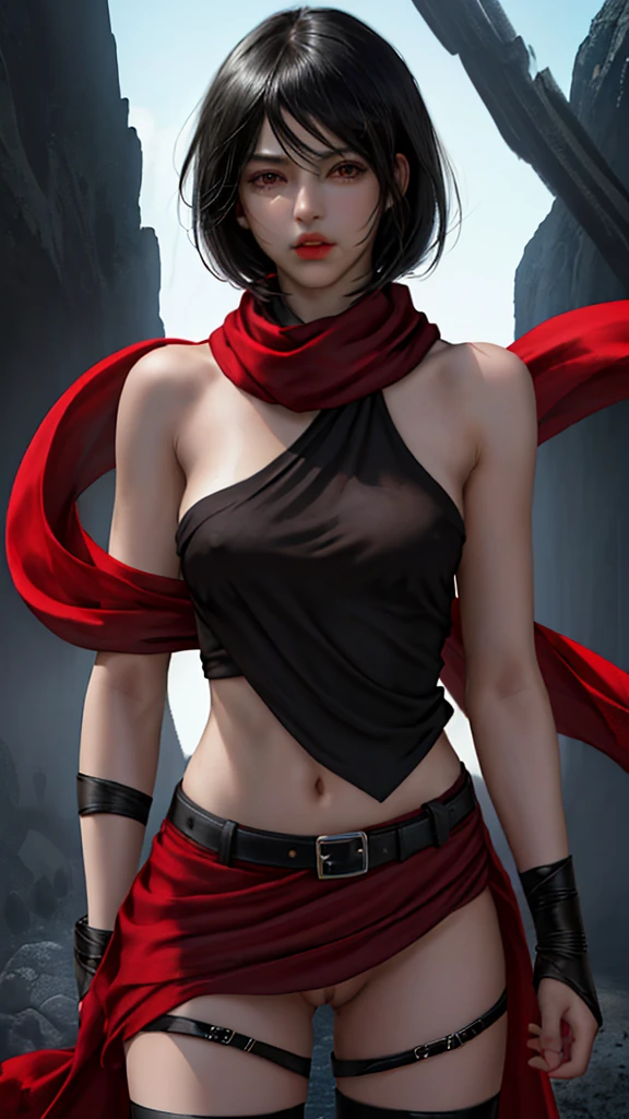 HMMIKASA, CABELLO CORTO, OJOS NEGROS, BUFANDA, EMBLEMA, belt, CORREA PARA EL MUSLO, RED SCARF, Desnuda 