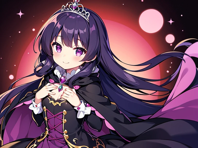 (kawaii),(best quality),(ultra detailed), upper body,(rococo style),(long train dark violet cape:1.15), very long cape,(long train dark violet ball gown with flower decorations), a girl is wearing a cape over her gown, 1 little princess, tiara, smile, small breasts, very long hair