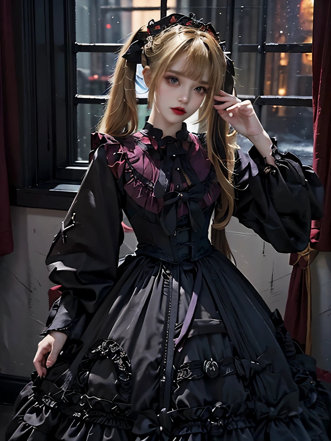 raw photo, 8k, (top-quality), Realistic, (real picture, Intricate details), (natural skin texture, detailed skin, hyper realism, sharpness), ((corset dress with black and purple, gothic decorative corset, big black ribbon)), pale skin:1.3, (Japanese girl standing in luxury hotel at night, Suite Room), ((light blonde twintail hairstyle, blunt bangs)), (provocative look, Parted lips:1.3, eye shadow, eyeliner, eye bag:1.3, red thick lips, under eye circle), night time, big window, Snowy scenery outside the big window