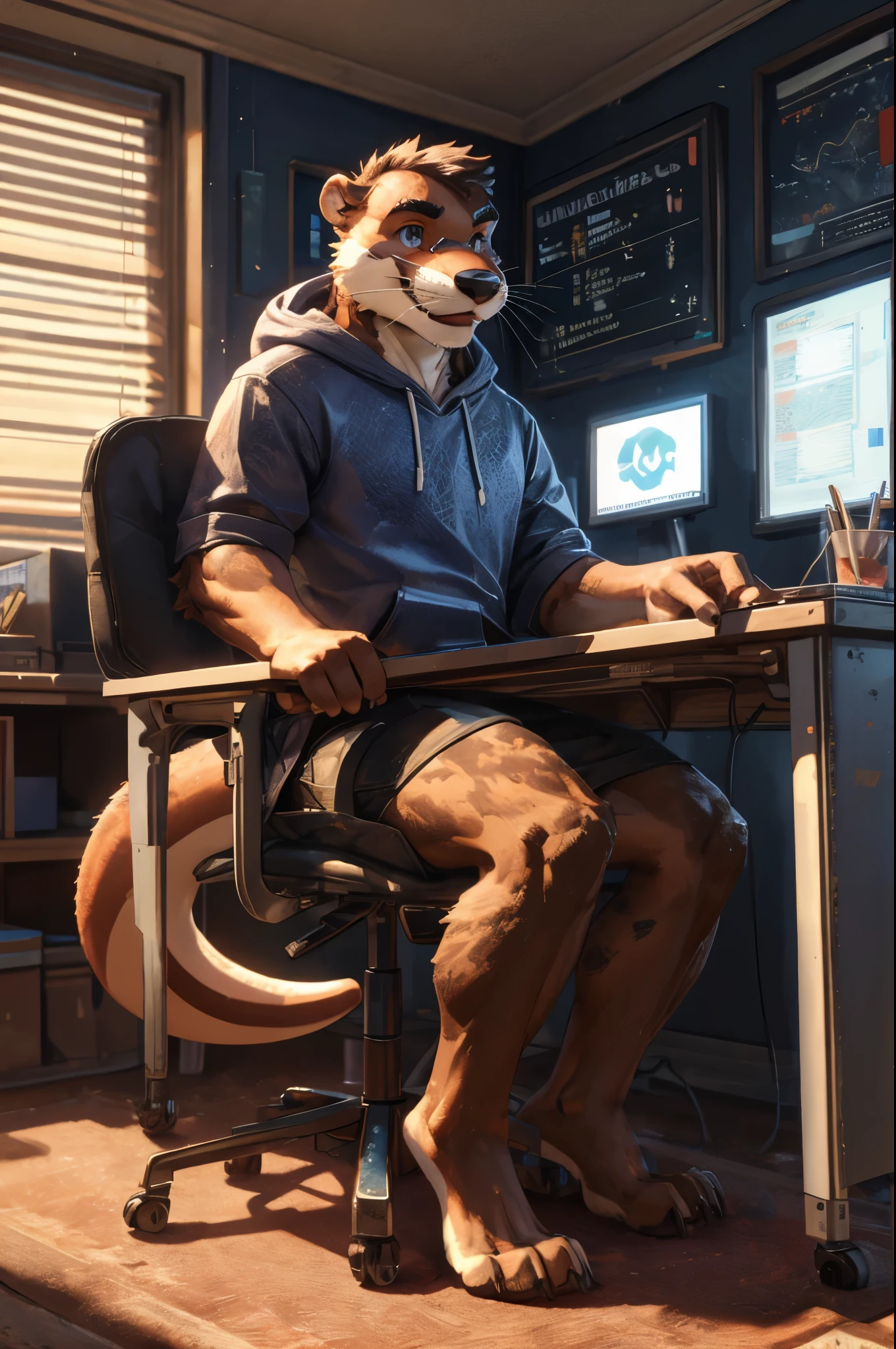 (((Barefoot furry character, full body, cinematic setting, furry male, plantigrade))) 

computer class scene with a tech-savvy otter ((teacher)) wearing a hoodie and glasses, sitting at a computer desk surrounded by monitors and circuit boards. This otter represents the evil embodiment of ICT as a school subject, depicting stereotypes and prejudices towards ICT teachers.

BREAK, detailed background, 8K, (masterpiece:1.5), intricate details, highly detailed, extreme detail, octane render, fine art, best quality, highres, (detailed face:1.5), ((full_body)), UHD, (((perfect hands))), low light