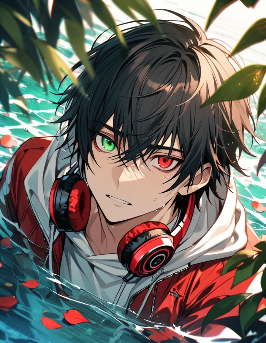 Ultra detailed, Highres, absurdres, Yamada Ichiro, black hair, heterochromia, right green eye, left red eye, red jacket, white hoodie, Hypnosis Mic, Red headphones around his neck, green leaves, summer, petals, water, handsome, 1 man, blue pants, very detailed face and eyes,