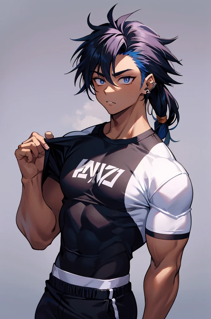(Masterpiece, Best Quality:1.3), absurdres, high quality, 8k resolution, (faux traditional media:1.2), centered, manga, ((2d)), retro artstyle, 1990s \(style\), watercolor\(medium\), dynamic, rumaty, (ultra-detailed), ((thick outline)), lineart, illustration, cover, portrait, cowboy shot, male focus, solo, 1boy, smile, upper body, (detailed face, detailed eyes:1.2), midriff, turtleneck, crop top, shorts, hands on hips, headband, bandana, smile, looking down, looking at viewer, hair tie, (details:1.2), highly detailed, intricate, jewelry, <lora:Rumaty-01:0.75>, full body, (perfect composition and lighting:1.1), spotlight, silhouette, <lora:takahashi_rumiko_offset:0.25>, black background