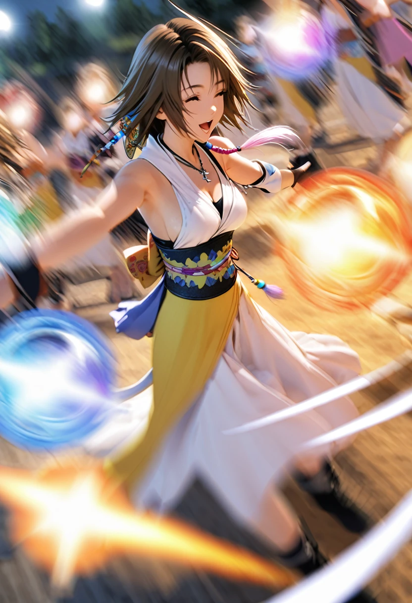 Yuna from final fantasy x, dancing on create soul deliver spell by floating from the water, motion blur, many soul orb make a formation to goes up (motion blur)