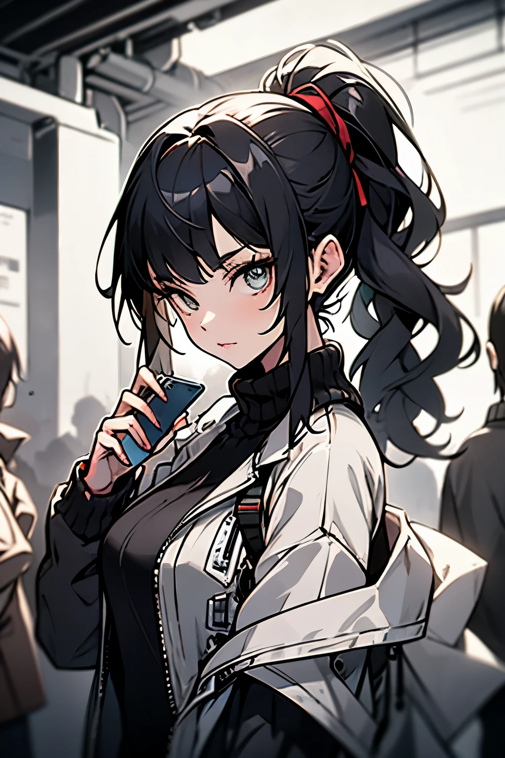 ((best quality)), ((artwork)), (detailed), perfect face thin woman , blue eyes, long curly black hair tied in a ponytail, wearing black jeans and a turtleneck sweater. The jacket was a thin black windbreaker, holding an smartphone