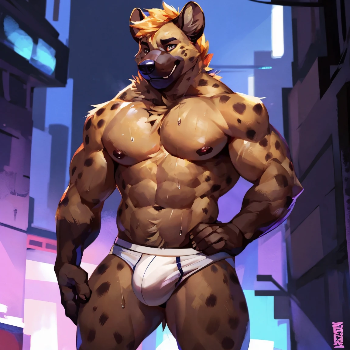 Muscular, hyena in underwear, Hyena, white underwear, six pack, sweaty, hands on body, sexy, hands, By mystikfox61