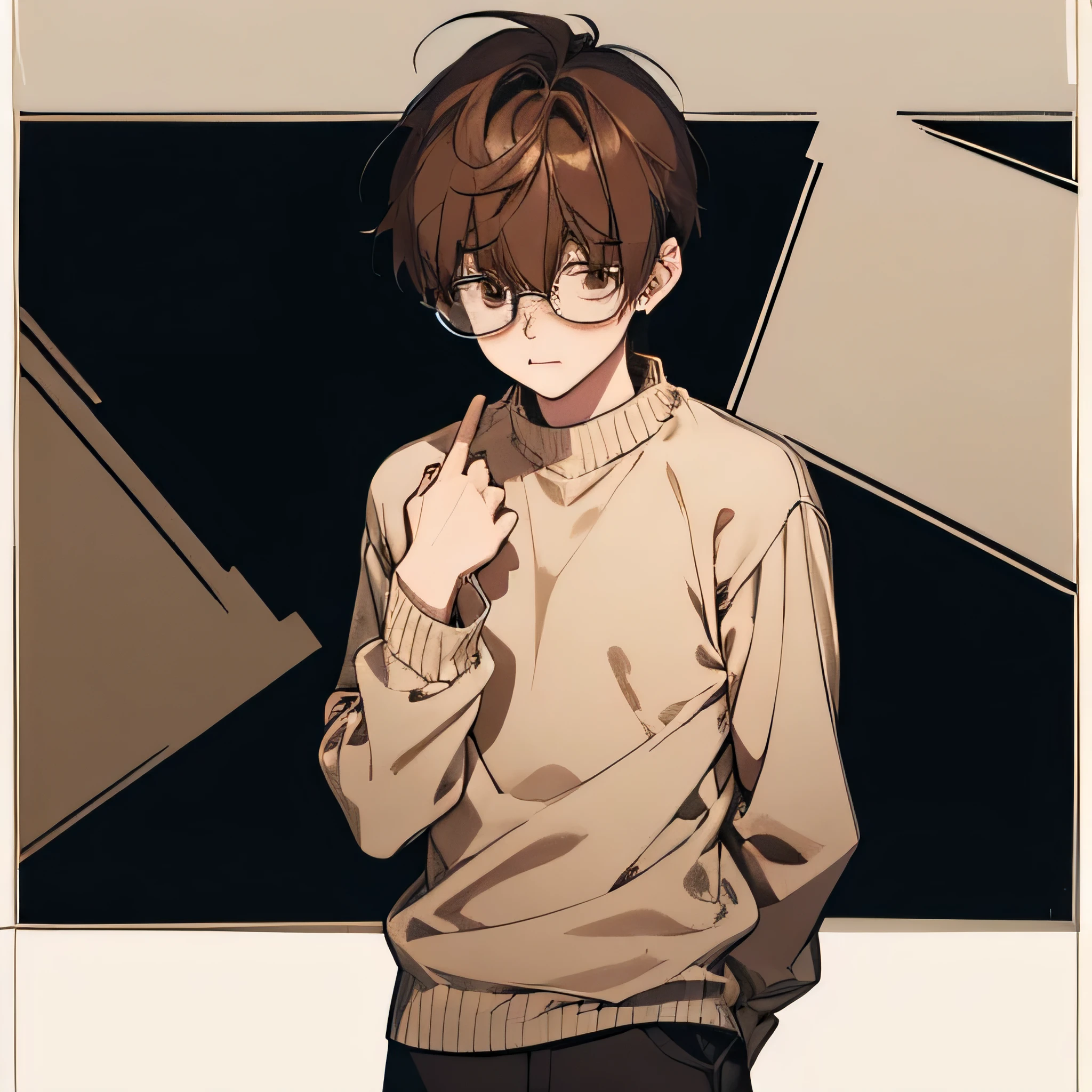 Male, slim, nerdy boy, weakling, round glasses, embarrassed, brown hair, sweater, hair over eyes, sweet, small eyes, Asian eyes