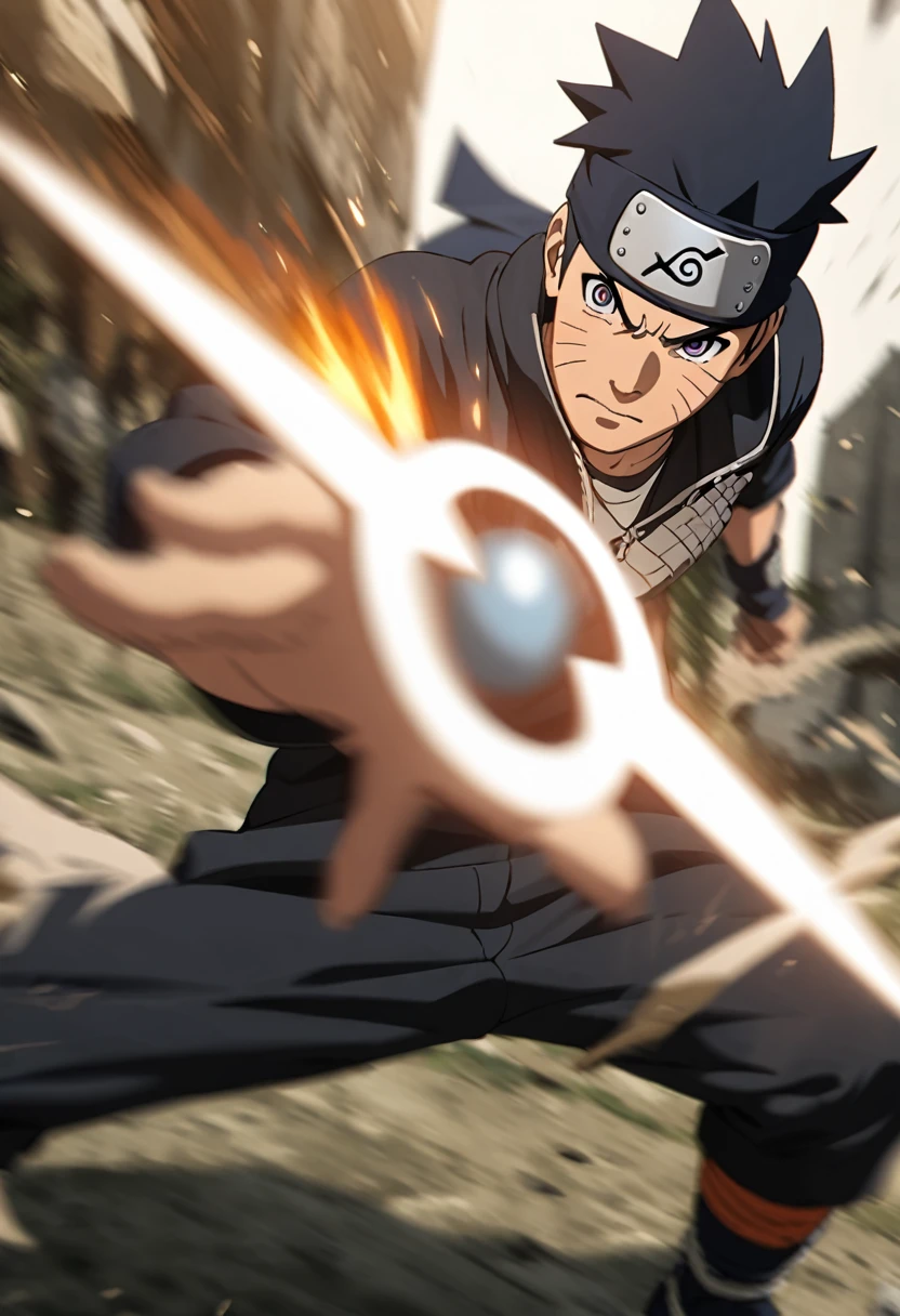 Naruto create shuriken - rasengan from his hand, motion blur, a detailed and cinematic pose
