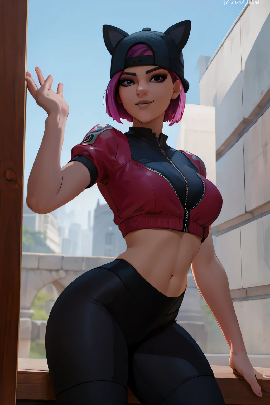ingrid,large breasts,erected nipples,mature female, (dark-skinned female:1.2), dark skin, determined, pink red hair, ponytail,Soft tendril hair, hair intakes, makeup, lipstick, (mole under mouth:0.8), eyelashes, yellow eyes,(Supreme shirt:1.2),navel,(low-rise damaged short denim pant:1.3),no panties,(sweat gleaming skin:1.1), outdoors,sunlight, spotlight effect,bright sky, blue sky with clouds,strong wind, (colosseum),(highres, high quality:1.1), intricate details, cinematic lighting, 1girl,(cool beauty),(metal collar),(dynamic fighting pose:1.2),dynamic angle,eye mask