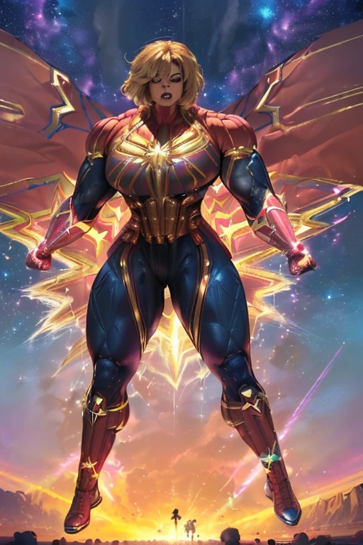 ((((Massive, beautiful, buff, light brown skinned muscular woman with shocking hair, black lipstick, ginormous bulky muscles, flying and wearing a shocking pink captain marvel suit with pants)))), close view, (massive muscle), (massive biceps), (angled bob cut), red eyes, hero gloves, spiked gauntlets, hero boots, in the void of space, confident smile,