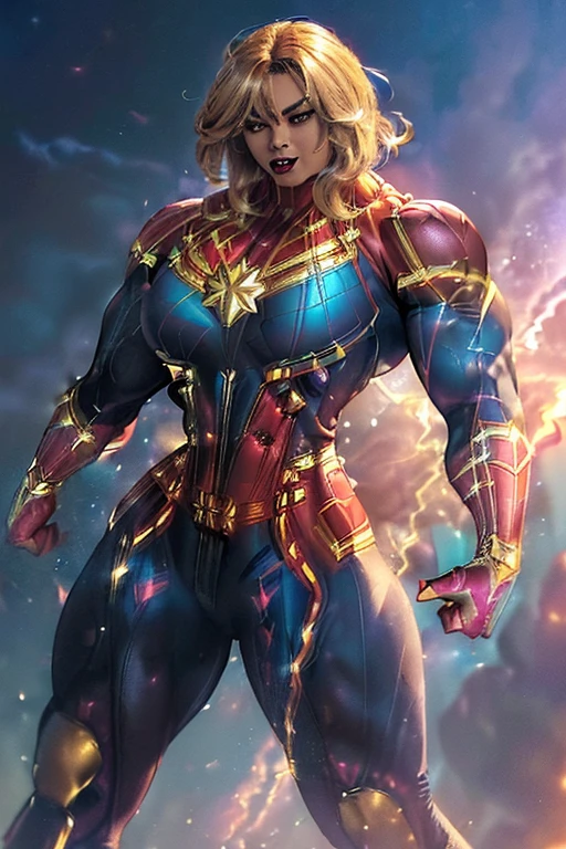 ((((Massive, beautiful, buff, light brown skinned muscular woman with shocking hair, black lipstick, ginormous bulky muscles, flying and wearing a shocking pink captain marvel suit with pants)))), close view, (massive muscle), (massive biceps), (angled bob cut), red eyes, hero gloves, spiked gauntlets, hero boots, in the void of space, confident smile,