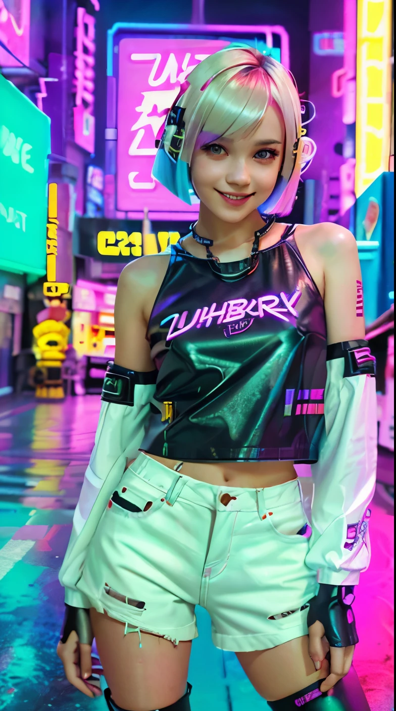 A colorful Bob cut haired punk girl, smooth white skin, innocent look, 15 years old, Ultra high res, uhd, (photorealistic:1.4), cyberpunk outfit, wink, smiling ear to ear, neon lighting, wearing short pants, colorful leather boots, full body shot, head to toe, fish eye lens, vogue pose, modelling,