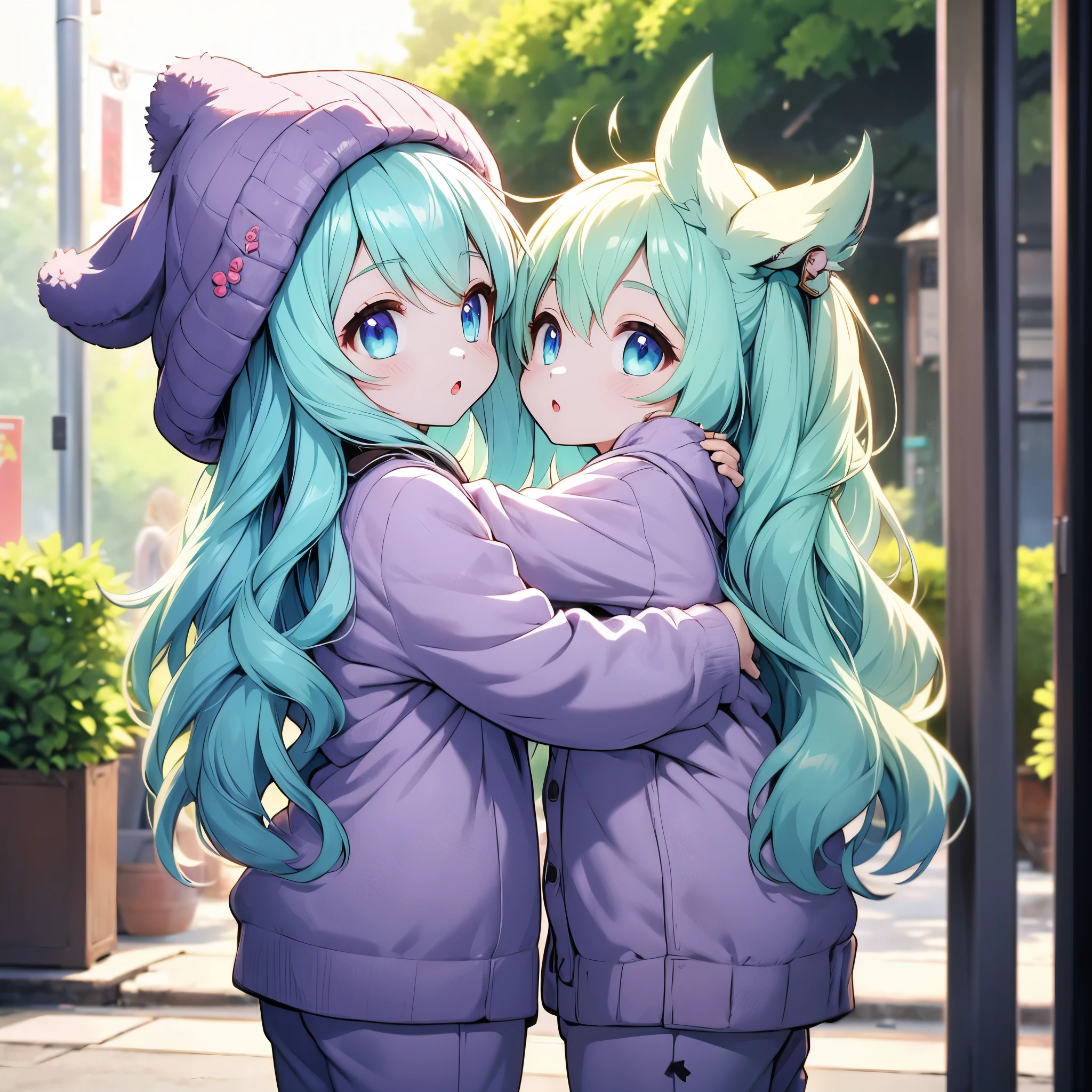 Kindred league of leguends, can y el cordero, estilo anime, mejor calidad, con pechos, piernas, mirando de frente, hecha para fondo de pantalla, colores vividos, 2d, cara tierna, cabello azul, pijama-gorro, orejas, mejor calidad pechos peludos, peludos!!!, orejas
