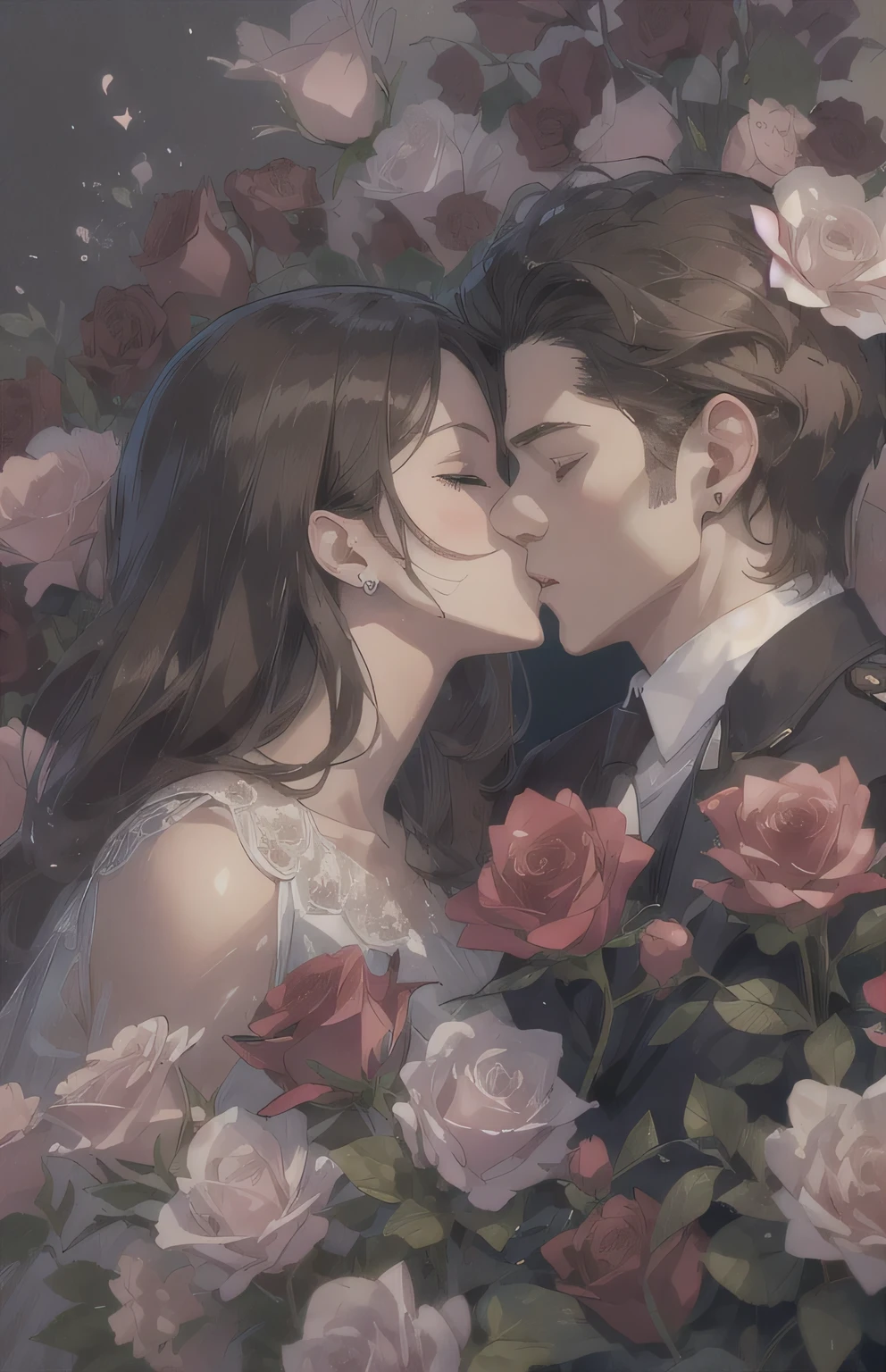 ((highest quality)), ((masterpiece)), (Get used to it), Perfect Face , Couple , 1 male , 1 female , On a bed strewn with roses , kiss , Embrace each other ,
