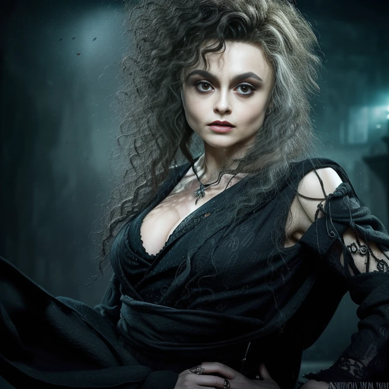 Masterpiece, best quality, detailed face, Bellatrix Lestrange, cleavage, sexy long flowing black robes, perfect hands, make-up, in her 20's, youthful, sexy, standing, 