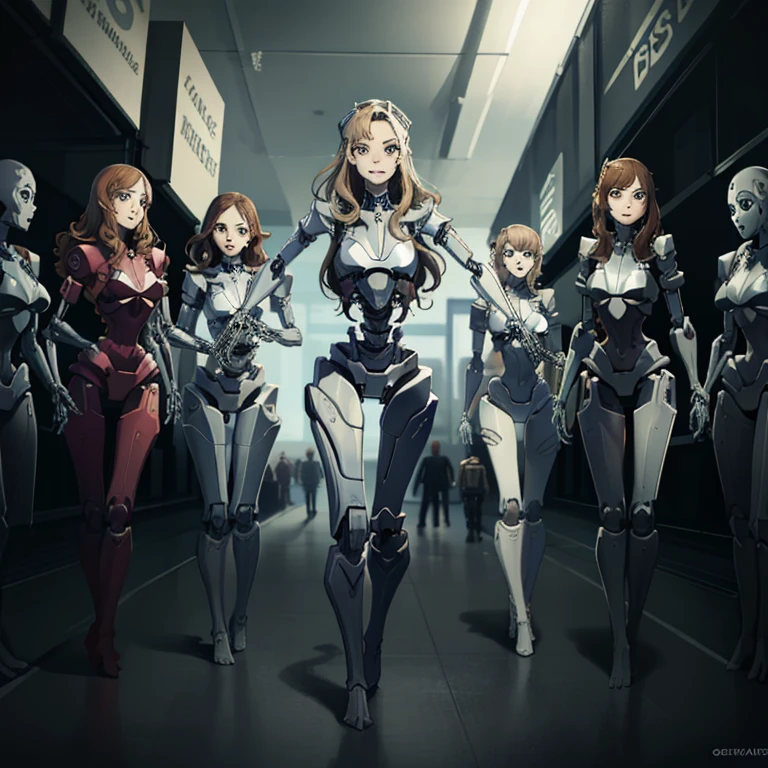 Multiple robot women, They all have perfect human female faces.., Everything except the face is a machine.., Not everyone is dressed, brown hair, Wavy Hair, Hazel Eyes, Very detailed, smile, Everything except the face is a machine.., They all have mechanical limbs., There's not enough clothing for everyone, All exposed internal skeleton, Everyone has a different colored endoskeleton., full body shot, clone, Millions of Robot Girls, Crowded, Robot girls are marching in the background., Everyone is showing each other their bodies, Embarrassing