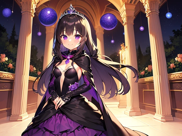 (kawaii),(best quality),(ultra detailed), upper body,(rococo style),(long train dark violet cape:1.15), very long cape,(long train dark violet ball gown with flower decorations), a girl is wearing a cape over her gown, 1 little princess, tiara, smile, small breasts, very long hair