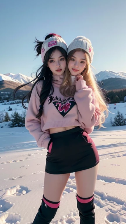 best resolution, 2 heads, Australian model girl two heads, 19 years old, youthful, wearing a pink and black outfit posing in the snow with her hands on her head, wearing pink and black tight clothing, snow on the body, with black beanie on head, outside in snow snowing, comfy, braided hair, blonde hair, red hair, black hair, different hair colors, full body shot