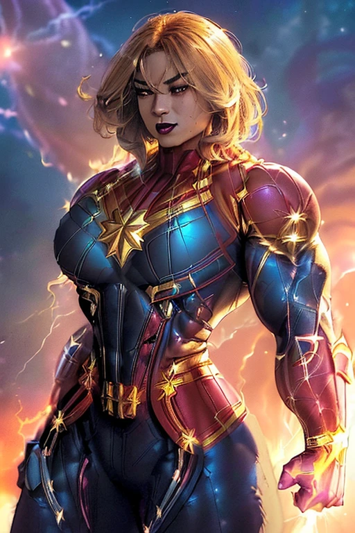 ((((Massive, beautiful, buff, light brown skinned muscular woman with shocking hair, black lipstick, ginormous bulky muscles, flying and wearing a shocking pink captain marvel costume with pants)))), close view, (massive muscle), (massive biceps), (angled bob cut), red eyes, hero gloves, spiked gauntlets, hero boots, in the void of space, confident smile,