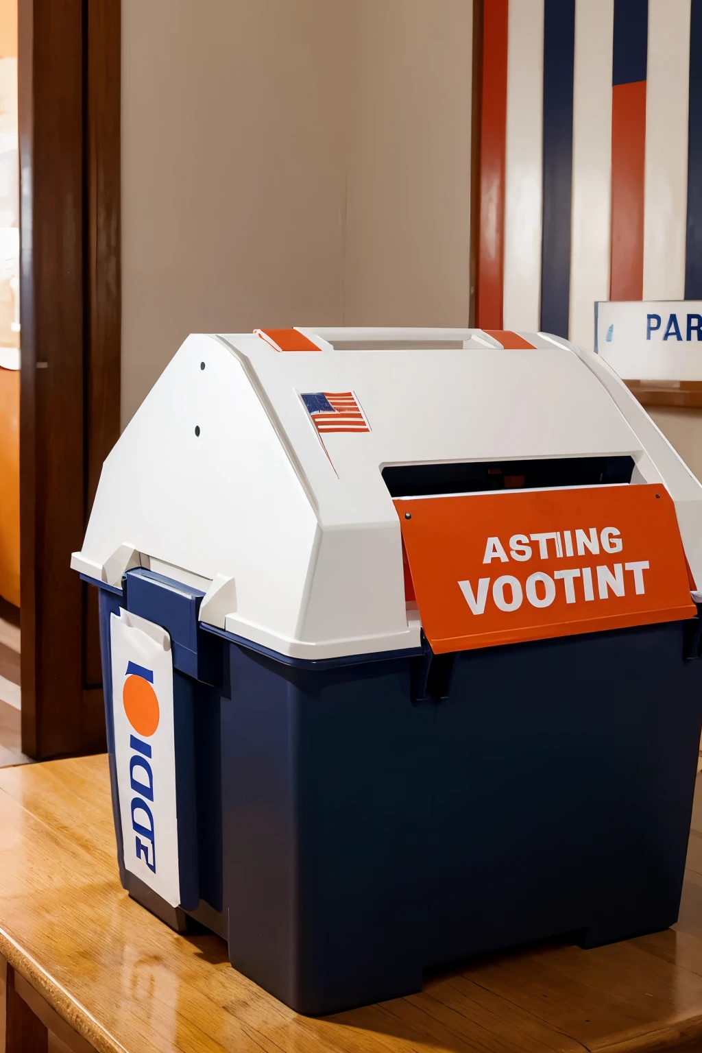 Create an image showing AI robot voting in ballot box, add bjp ang Congress party symbols on the ballot box and indian flag on the background