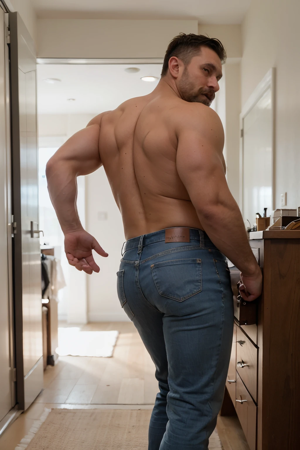An impressive realistic photo of a large, muscular, hairy and masculine man, short hair, 40 years old, full body, facing the camera, mustache beard, naked formal silver metalic tigth jeans, bubble butt, on his back, backside Bent over manly empinado