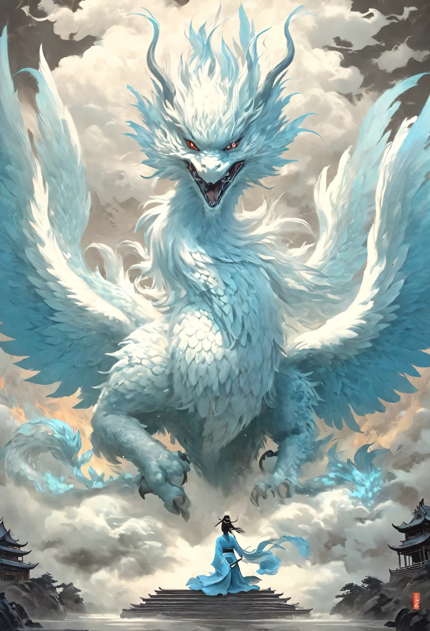 Masterpiece, 16k HD wallpaper, excellent quality, perfect structure, super detail, a painting with one chinese girl on a thronesurrounded by the phoenix beast, in the style of dain yoon, dark white and sky-blue, detailed crowd scenes, imaginative illustration, meticulous details, mythological references, action paintings::3 a painting with one chinese girl on a thronesurrounded by the phoenix beast, in the style of unique yokai illustrations, fresco paintings, otherworldly beings, kushan empire, dark white and aquamarine, high resolution, dau-al-set::5 a painting with one chinese girl on a thronesurrounded by the phoenix beast, dark white and aquamarine, unique yokai illustrations, dau al set, high resolution::2 a painting with one chinese girl on a thronesurrounded by the phoenix beast, dense composition, playful repetitions, dark white and light blue, detailed painting, unique yokai illustrations, ultrafine detail,