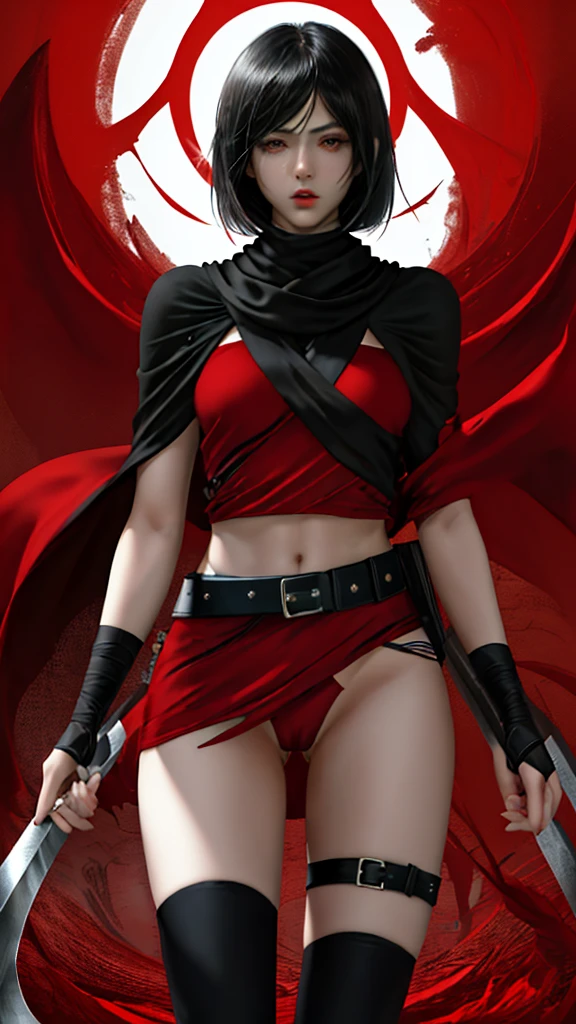 HMMIKASA, CABELLO CORTO, OJOS NEGROS, BUFANDA Roja, EMBLEMA, belt, Desnuda