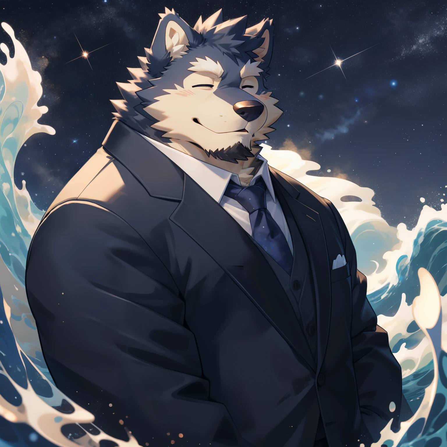 Scribble 德国牧羊dog face,Cute face,Humanity(dog),(Suit:1.3),Chubby,wave,(white eyebrows:1.1),（With one eye closed:1.2）,(perfect black eyes), Starry sky background,print style。（Artist:Takemoto Arashi）