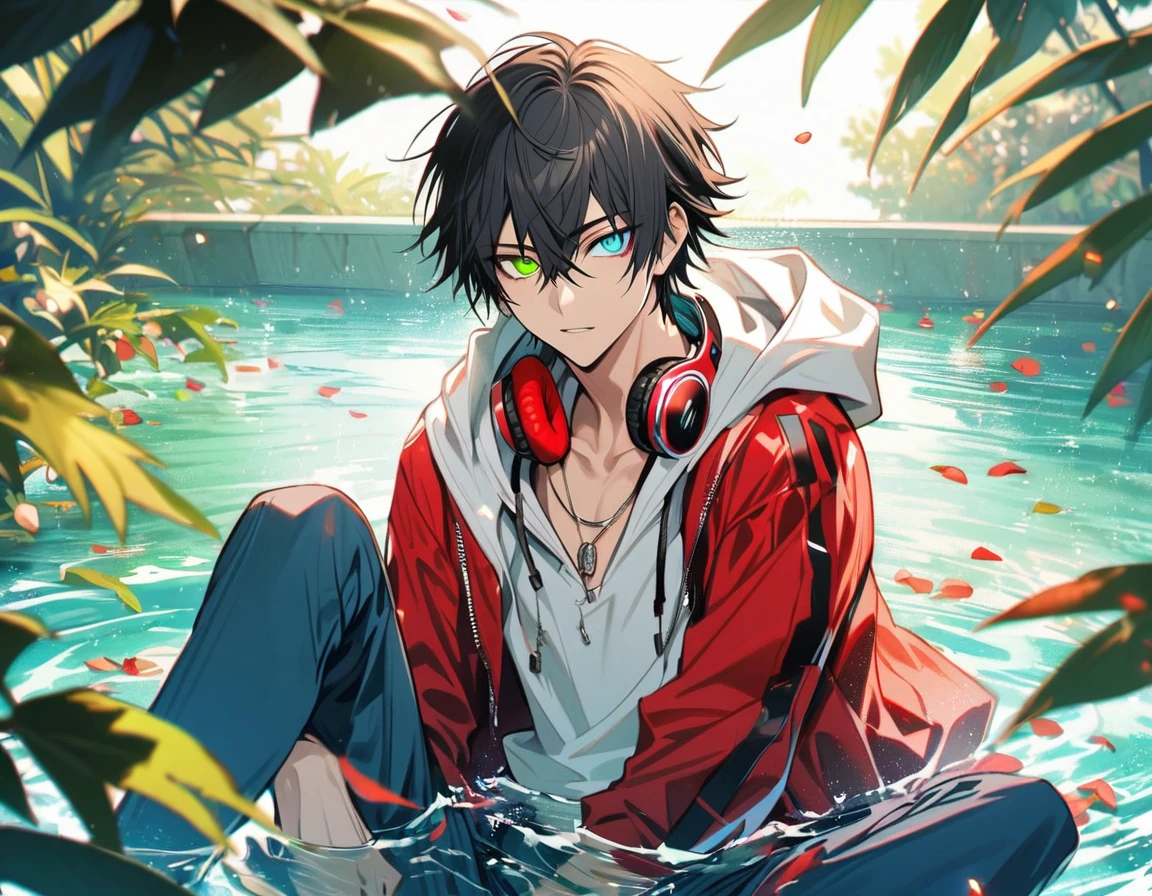 Ultra detailed, Highres, absurdres, Yamada Ichiro, black hair, heterochromia, right green eye, left red eye, red jacket, white hoodie, Hypnosis Mic, Red headphones around his neck, green leaves, summer, petals, water, handsome, 1 man, blue pants, very detailed face and eyes,