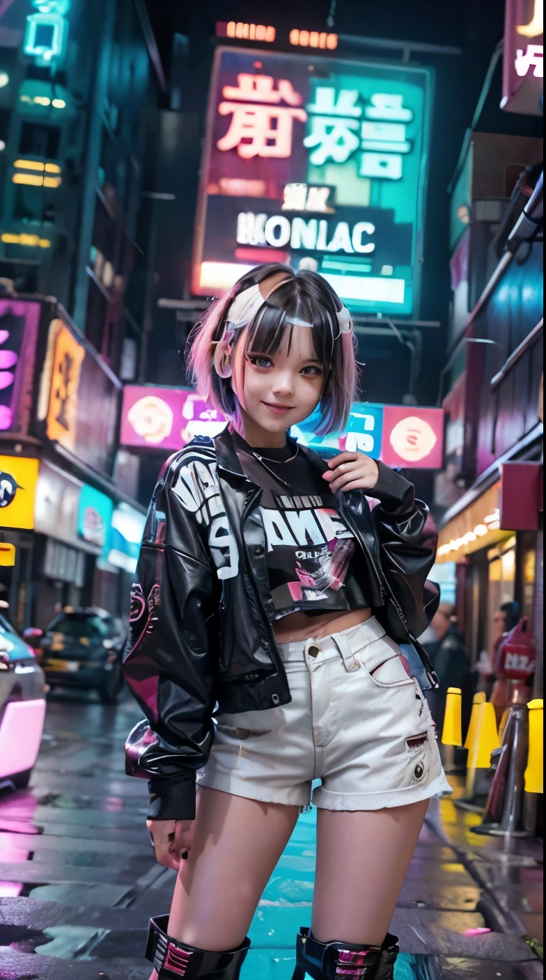 A colorful Bob cut haired punk girl, smooth white skin, innocent look, 15 years old, Ultra high res, uhd, (photorealistic:1.4), cyberpunk outfit, wink, smiling ear to ear, neon lighting, wearing short pants, colorful leather boots, full body shot, head to toe, fish eye lens, vogue pose, modelling,